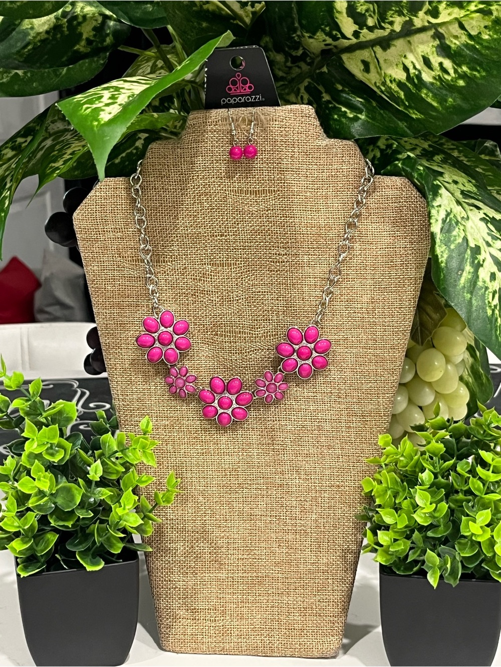 paparazzi Hot Pink Floral Bib Necklace with Stud Earrings